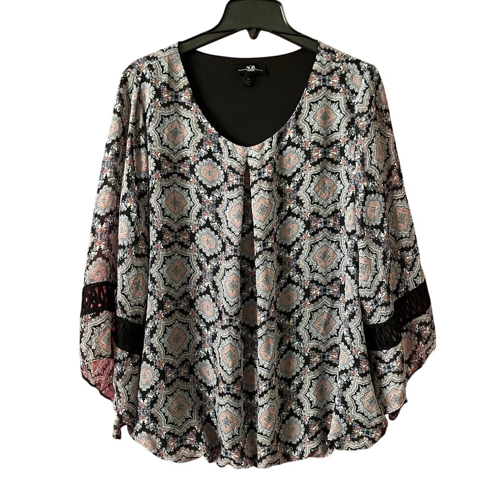 AGB Womens 2X Boho Medallion Print Blouse Flowy Kimono Sleeve Festival Top